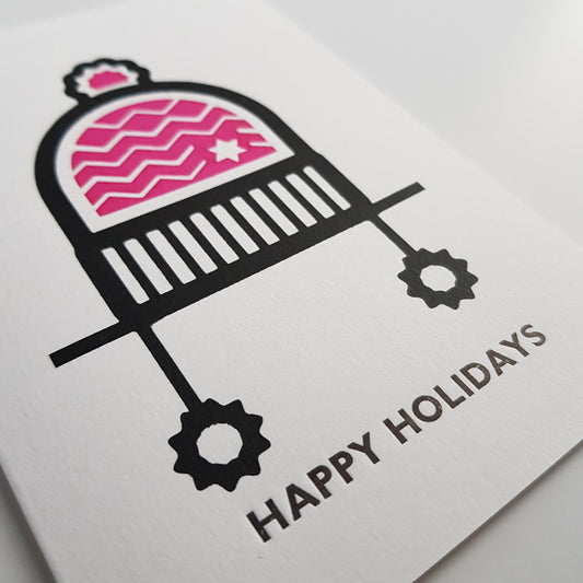 PINK WOOLY HAT "HAPPY HOLIDAYS" CHRISTMAS CARD